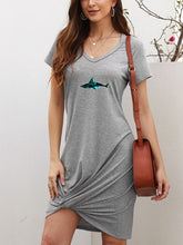 Load image into Gallery viewer, This is a grey short-sleeved T-shirt dress. The cutout on the shoulders and the knotted hem make this dress very unique. With high-quality fabrics, the printing effect is great! It keeps warm in cool weather and also makes women more elegant and sexy.