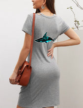 Load image into Gallery viewer, This is a designer short-sleeved T-shirt dress. The cutout on the shoulders and the knotted hem make this dress very unique. With high-quality fabrics, the printing effect is great! It keeps warm in cool weather and also makes women more elegant and sexy.