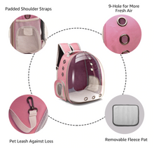 Load image into Gallery viewer, This pet backpack is create to bring along your pet. This travel pet carrier is for cats and small dogs. Weight: 11-14.3 pounds ( 5-6.5kg). Material: Plastic. Feature: Breathable. Size: 12.2 x 16.5 x 11 inches Deep (31 x 42 x 28 cm Deep). Free shipping. NOTE: IMPORTANT! Remove the protective film before usage. Details.