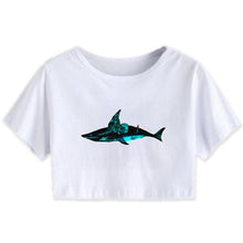 Load image into Gallery viewer, This designer shark inspired white crop top is made of soft fabric, which guarantees comfort. There are two colors to choose from and it's only available at Ace Shopping Club. Material: 100 % Cotton (150g/㎡). Regular fit. Free Shipping.