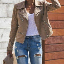 Load image into Gallery viewer, This Khaki short is soft and comfortable to wear. With soft suede on the surface, this jacket can keep you warm during spring, fall and winter. There are three colors for you to choose. Material:100% polyester. Slanted zipper. Four side pockets with zippers. Wide notched collar design. Free shipping.