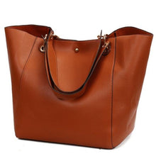 Load image into Gallery viewer, This beautiful large large capacity brown leather tote bag is perfect for everyday use. Closure Type: Hasp. Hardness: Soft. Lining Material: Synthetic Leather. Number of Handles/Straps: Two. Interior: Interior Compartment, Zipper Pocket, Slot Pocket, Cell Phone Pocket. Size: 11.81 x 1.97 x 7.87 inches (0cm x 5cm x 20cm). Free shipping.