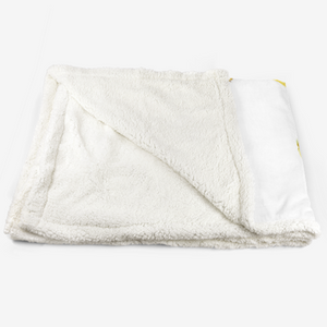 This white blanket is custom designed by Joe Ginsberg for Ace Shopping Club. Double-sided, grey, high quality throw blanket. 100% high quality polyester; with just enough air between the two sides to make it warm and breathable. 