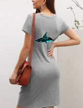 Load image into Gallery viewer, This is a designer short-sleeved T-shirt dress. The cutout on the shoulders and the knotted hem make this dress very unique. With high-quality fabrics, the printing effect is great! It keeps warm in cool weather and also makes women more elegant and sexy. 
