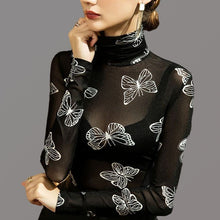 Load image into Gallery viewer, Sweet c-thru turtleneck shirt. Sleeve Style: Regular. Sleeve Length: Full. Material: Acetate and nylon. Fit Type: Regular. Fabric Type: Mesh Fabric. Collar: Turtleneck. Clothing Length: Regular. Free Shipping.
