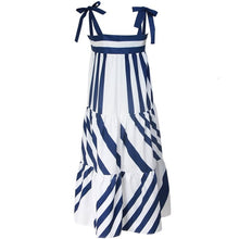 Load image into Gallery viewer, Stylish spaghetti strap blue and white sundress. Silhouette: A-Line. Sleeve Style: Spaghetti Strap. Decoration: Bow. Dress Length: Mid-Calf. Material: Cotton and Polyester. Sleeve Length: Sleeveless.  Pattern Type: striped. Free shipping.
