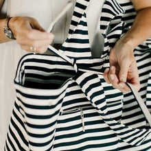 Load image into Gallery viewer, Super cool extra large black and white striped tote bag. Material: Canvas. Pattern Type: Striped. Closure Type: String. Size: 25.5&quot; x 27.5&quot; (65 x 70 cm). Free shipping. 
