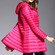 Load image into Gallery viewer, This down jacket will keep you warm this fall and winter. Type: Slim. Thickness: Standard. Style: Casual. Sleeve Length: Full. Material: nylon. Material: Down. Hooded. Filling: White duck down. Fabric Type: Broadcloth. Down Weight: &lt;100g. Down Content: 90%. Clothing Length: Long. Closure Type: zipper. Free Shipping.
