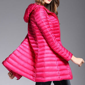 This down jacket will keep you warm this fall and winter. Type: Slim. Thickness: Standard. Style: Casual. Sleeve Length: Full. Material: nylon. Material: Down. Hooded. Filling: White duck down. Fabric Type: Broadcloth. Down Weight: <100g. Down Content: 90%. Clothing Length: Long. Closure Type: zipper. Free Shipping.