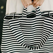 Load image into Gallery viewer, Super cool extra large black and white striped tote bag. Material: Canvas. Pattern Type: Striped. Closure Type: String. Size: 25.5&quot; x 27.5&quot; (65 x 70 cm). Free shipping. 
