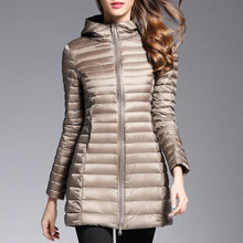 Load image into Gallery viewer, This down jacket will keep you warm this fall and winter. Type: Slim. Thickness: Standard. Style: Casual. Sleeve Length: Full. Material: nylon. Material: Down. Hooded. Filling: White duck down. Fabric Type: Broadcloth. Down Weight: &lt;100g. Down Content: 90%. Clothing Length: Long. Closure Type: zipper. Free Shipping.
