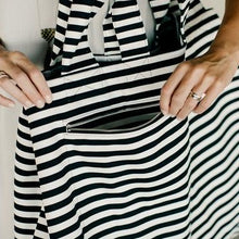 Load image into Gallery viewer, Super cool extra large black and white striped tote bag. Material: Canvas. Pattern Type: Striped. Closure Type: String. Size: 25.5&quot; x 27.5&quot; (65 x 70 cm). Free shipping. 
