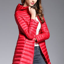 Load image into Gallery viewer, This down jacket will keep you warm this fall and winter. Type: Slim. Thickness: Standard. Style: Casual. Sleeve Length: Full. Material: nylon. Material: Down. Hooded. Filling: White duck down. Fabric Type: Broadcloth. Down Weight: &lt;100g. Down Content: 90%. Clothing Length: Long. Closure Type: zipper. Free Shipping.
