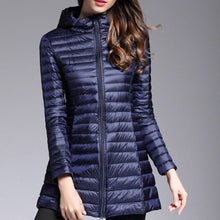 Load image into Gallery viewer, This down jacket will keep you warm this fall and winter. Type: Slim. Thickness: Standard. Style: Casual. Sleeve Length: Full. Material: nylon. Material: Down. Hooded. Filling: White duck down. Fabric Type: Broadcloth. Down Weight: &lt;100g. Down Content: 90%. Clothing Length: Long. Closure Type: zipper. Free Shipping.
