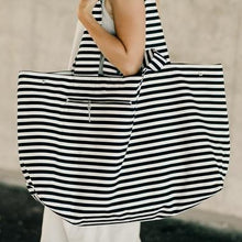 Load image into Gallery viewer, Super cool extra large black and white striped tote bag. Material: Canvas. Pattern Type: Striped. Closure Type: String. Size: 25.5&quot; x 27.5&quot; (65 x 70 cm). Free shipping. 
