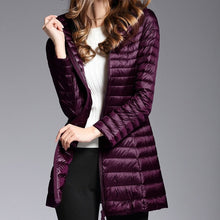 Load image into Gallery viewer, This down jacket will keep you warm this fall and winter. Type: Slim. Thickness: Standard. Style: Casual. Sleeve Length: Full. Material: nylon. Material: Down. Hooded. Filling: White duck down. Fabric Type: Broadcloth. Down Weight: &lt;100g. Down Content: 90%. Clothing Length: Long. Closure Type: zipper. Free Shipping.
