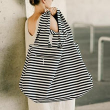Load image into Gallery viewer, Super cool extra large black and white striped tote bag. Material: Canvas. Pattern Type: Striped. Closure Type: String. Size: 25.5&quot; x 27.5&quot; (65 x 70 cm). Free shipping. 
