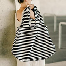 Load image into Gallery viewer, Super cool extra large black and white striped tote bag. Material: Canvas. Pattern Type: Striped. Closure Type: String. Size: 25.5&quot; x 27.5&quot; (65 x 70 cm). Free shipping. 
