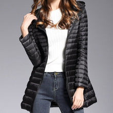 Load image into Gallery viewer, This down jacket will keep you warm this fall and winter. Type: Slim. Thickness: Standard. Style: Casual. Sleeve Length: Full. Material: nylon. Material: Down. Hooded. Filling: White duck down. Fabric Type: Broadcloth. Down Weight: &lt;100g. Down Content: 90%. Clothing Length: Long. Closure Type: zipper. Free Shipping.
