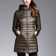 Load image into Gallery viewer, This down jacket will keep you warm this fall and winter. Type: Slim. Thickness: Standard. Style: Casual. Sleeve Length: Full. Material: nylon. Material: Down. Hooded. Filling: White duck down. Fabric Type: Broadcloth. Down Weight: &lt;100g. Down Content: 90%. Clothing Length: Long. Closure Type: zipper. Free Shipping.

