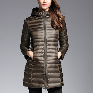 This down jacket will keep you warm this fall and winter. Type: Slim. Thickness: Standard. Style: Casual. Sleeve Length: Full. Material: nylon. Material: Down. Hooded. Filling: White duck down. Fabric Type: Broadcloth. Down Weight: <100g. Down Content: 90%. Clothing Length: Long. Closure Type: zipper. Free Shipping.
