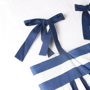 Stylish spaghetti strap blue and white sundress. Silhouette: A-Line. Sleeve Style: Spaghetti Strap. Decoration: Bow. Dress Length: Mid-Calf. Material: Cotton and Polyester. Sleeve Length: Sleeveless.  Pattern Type: striped. Free shipping.