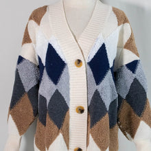 Load image into Gallery viewer, Checkered khaki cardigan sweater. Sleeve Style: Puff Sleeve. Sleeve Length: Full. Pattern Type: Plaid. Pattern: Loose-fitting. Material: Polyester, Spandex, Acrylic. Fit Type: Loose Fit. Elasticity: Medium. Decoration: Button. Collar: V-Neck. Clothing Length: Long. Closure Type: Single Breasted. Size: Bust 51.18 inches (130cm). Free Shipping.
