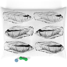 Load image into Gallery viewer, Give your dog a place of their own with our pet bed! This feather soft fleece exterior is printable on one side, and has a dark brown zippered back and pillow insert. 100% polyester.100% cotton bottom
