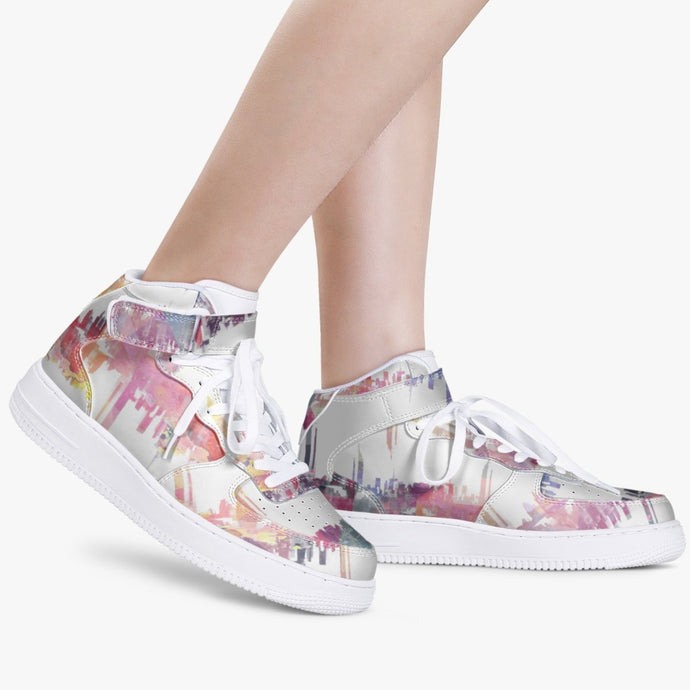 Fantastic unisex pink and white designer sneakers. Material: Leather upper with mesh lining construction. High-profile ankle support, premium leather for durability, Hook-and-loop closure guarantees a better fit. Soft EVA padded insoles. EVA outsole for traction and exceptional durability.