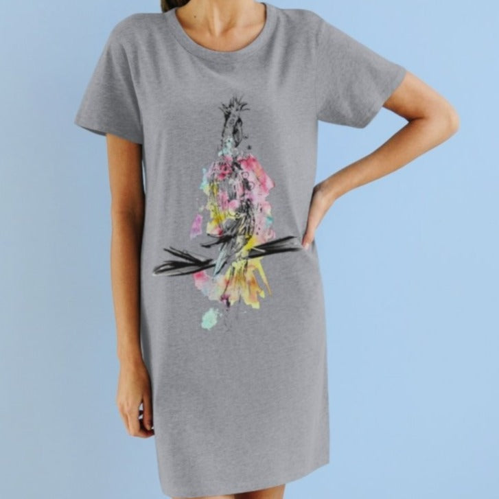 The organic cotton t-shirt dress is designed JG and only available at Ace Shopping Club. Material: 100% ringspun cotton – a comfortable and durable fabric. All materials are grown and gathered without the use of pesticides. 