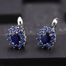 Load image into Gallery viewer, Main Stone: Sapphire. Metals Type: Silver. Metal Stamp: 925 Sterling Silver. Back Finding: British Buckle. Earring Type: Stud Earrings. Style: Vintage. Main Stone Size: 5*7mm/2*2mm. Side Stone: Blue CZ. Free shipping.
