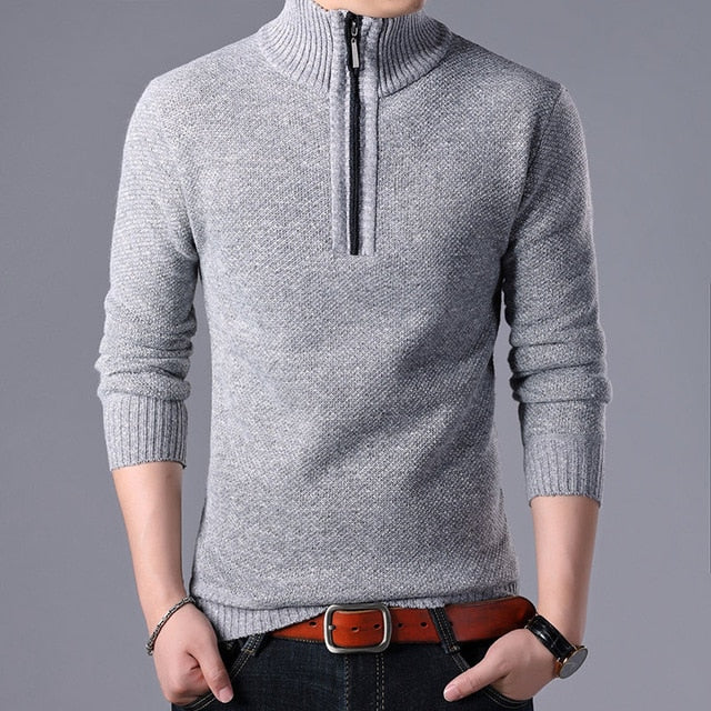 Grey stand collar zipper sweater for fall and winter. Buy all your office clothes at Ace Shopping Club.