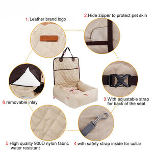 Fantastic beige portable dog travel bed that also works as a carseat for long rides. Size: Small and medium dogs.  Fit-able Weight: Pets smaller than 29.7 pounds (13.5kg). Feature: Eco-Friendly. Size: 23.6. x 19.6 x 22.8 inches (60 x 50 x 58 cm). Material: 900D nylon + pp cotton. Cover Removable: yes. Free shipping. 