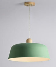 Load image into Gallery viewer, The perfect round green modern kitchen or dining room lamp. This hanging pendant is suspended from the ceiling by a cord. Bulbs are not included. Technics: Painted metal and wood. Power Source: AC. Warranty: 3 years. Number of light sources: 1 Lighting Area: 107.6 - 161 square foot (10-15 square meters). Base Type: E27. Not dimmable. Switch Type: no. Light Source: LED Bulbs. Voltage: 90-260V. Style: Modern. Free shipping.

