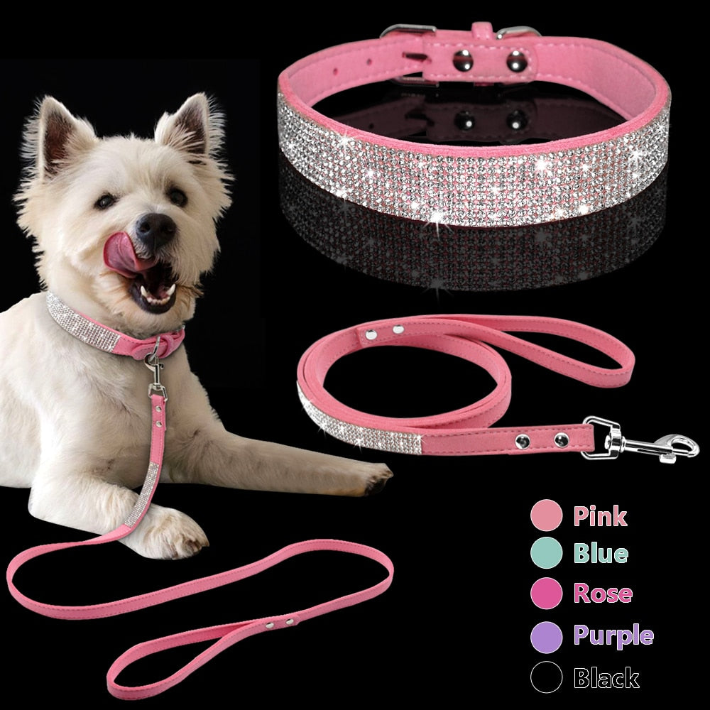 Rhinestone Dog Collar with Leash | Multiple Colors