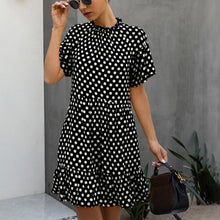 Load image into Gallery viewer, Material: Cotton and Polyester. Silhouette: Loose. Neckline: Ruffled. Sleeve Length(cm): Short. Sleeve Style: Regular. Decoration: Ruffles. Waistline: Natural. Dresses Length: Knee-Length. 

