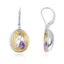 Load image into Gallery viewer, Beautiful artisan made purple topaz, silver and gold earrings as a gift for you or a loved one. Main Stone: Topaz. Metals Type: 925 Sterling Silver and Gold Plated. Earring Type: Drop Earrings.
