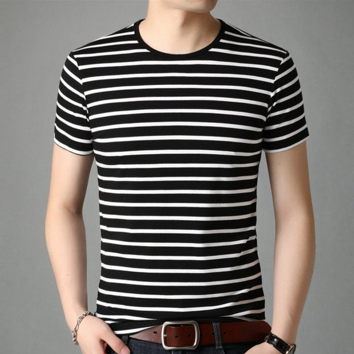Very comfortable casual tee for you. Sleeve Length: Short. Collar: O-Neck. Fabric Type: Broadcloth. Material: Cotton and Spandex. Pattern Type: striped. Size M-5XL. Free shipping. 
