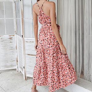 Super cute summer dress just for you! Neckline: Halter. Sleeve Style: Strapless. Decoration: Lace-Up. Dresses Length: Ankle-Length. Material: Polyester. Silhouette: Asymmetrical. Waistline: Empire.