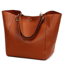 Load image into Gallery viewer, This beautiful large large capacity brown leather tote bag is perfect for everyday use. Closure Type: Hasp. Hardness: Soft. Lining Material: Synthetic Leather. Number of Handles/Straps: Two. Interior: Interior Compartment, Zipper Pocket, Slot Pocket, Cell Phone Pocket. Size: 11.81 x 1.97 x 7.87 inches (0cm x 5cm x 20cm). Free shipping. 
