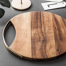 Load image into Gallery viewer, This wooden serving tray is great to create cheeses or meet platters and serve with a nice glass of wine. Great gift for someone who has everything! Material: Wood or wood and ceramics. Size: 10.5 inch diameter x 0.78 inches high (26.6 cm diameter x 2 cm high). Free shipping
