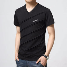 Load image into Gallery viewer, Black v-neck slim men&#39;s t-shirt. Sleeve Length: Short. Collar: V-Neck. Fabric Type: Broadcloth. Material: Cotton and spandex.
