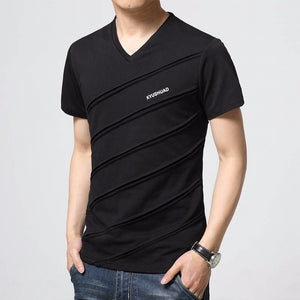 Black v-neck slim men's t-shirt. Sleeve Length: Short. Collar: V-Neck. Fabric Type: Broadcloth. Material: Cotton and spandex.