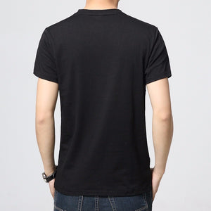 Black v-neck slim men's t-shirt. Sleeve Length: Short. Collar: V-Neck. Fabric Type: Broadcloth. Material: Cotton and spandex.