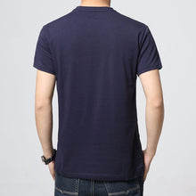 Load image into Gallery viewer, Blue slim t-shirt. Sleeve Length: Short. Collar: V-Neck. Fabric Type: Broadcloth. Material: Cotton and spandex.
