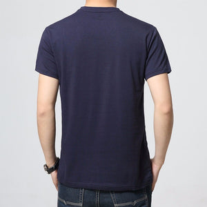 Blue slim t-shirt. Sleeve Length: Short. Collar: V-Neck. Fabric Type: Broadcloth. Material: Cotton and spandex.