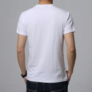 White v-neck slim men's t-shirt. Sleeve Length: Short. Collar: V-Neck. Fabric Type: Broadcloth. Material: Cotton and spandex.