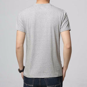 Grey men's t-shirt. Sleeve Length: Short. Collar: V-Neck. Fabric Type: Broadcloth. Material: Cotton and spandex.