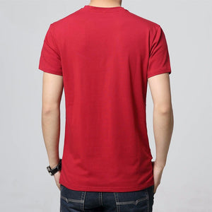 Red v-neck slim men's t-shirt. Sleeve Length: Short. Collar: V-Neck. Fabric Type: Broadcloth. Material: Cotton and spandex.