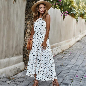 Super cute summer dress just for you! Neckline: Halter. Sleeve Style: Strapless. Decoration: Lace-Up. Dresses Length: Ankle-Length. Material: Polyester. Silhouette: Asymmetrical. Waistline: Empire.